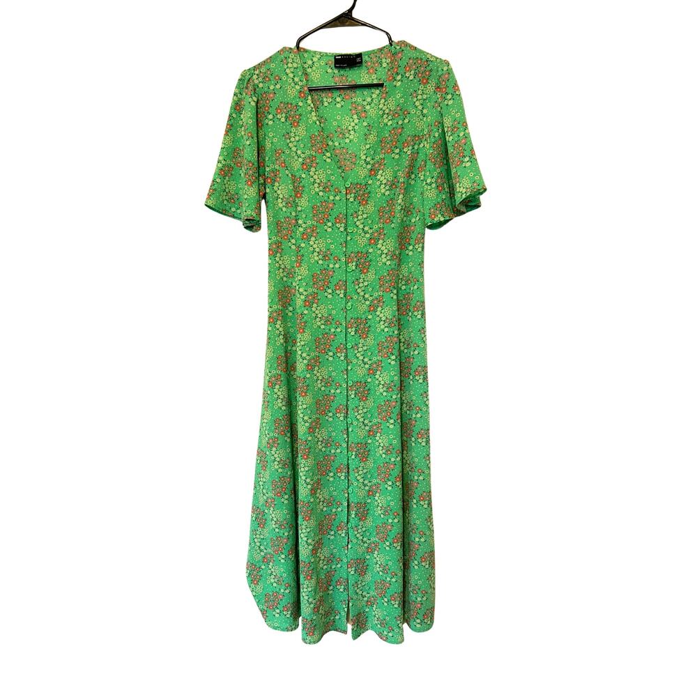 ASOS Design Women's 8 Green Floral Midi Tea Dress Flutter Sleeve Cottagecore